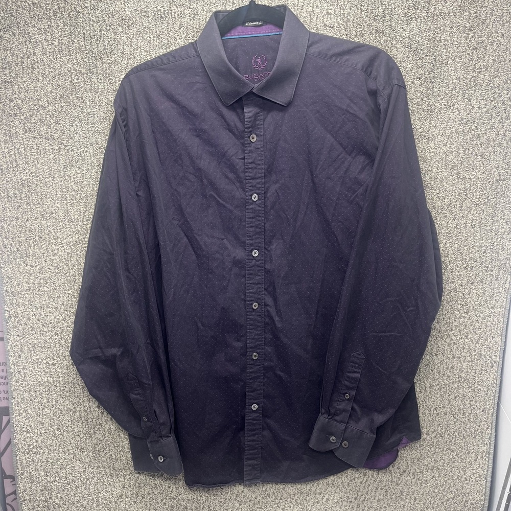 Bugatchi Uomo Shirt Men’s Large Black Purple Dot, Classic Fit, Embroidered Lion
